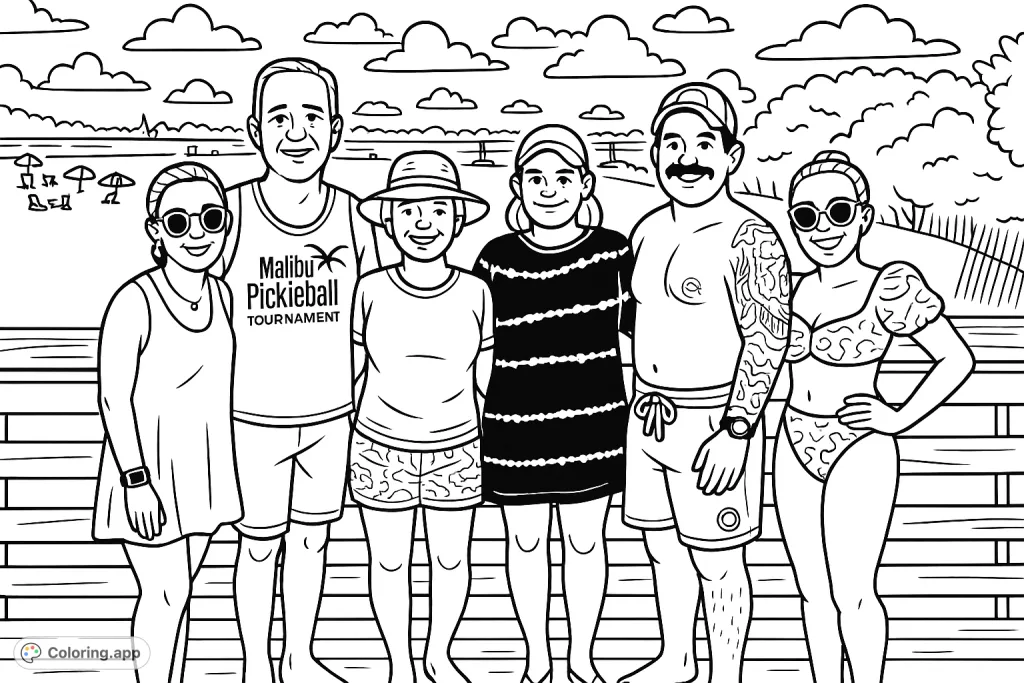Capture the joy of a beach day with this group of friends or family. Perfect for summer vibes and creative coloring fun on a sunny coastal scene.