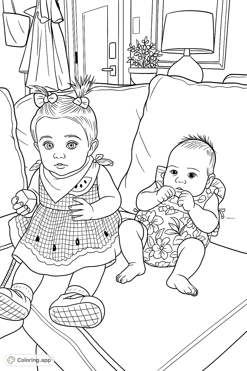 A heartwarming baby coloring page featuring two adorable infants on a cozy sofa, perfect for capturing precious moments and creative expression.