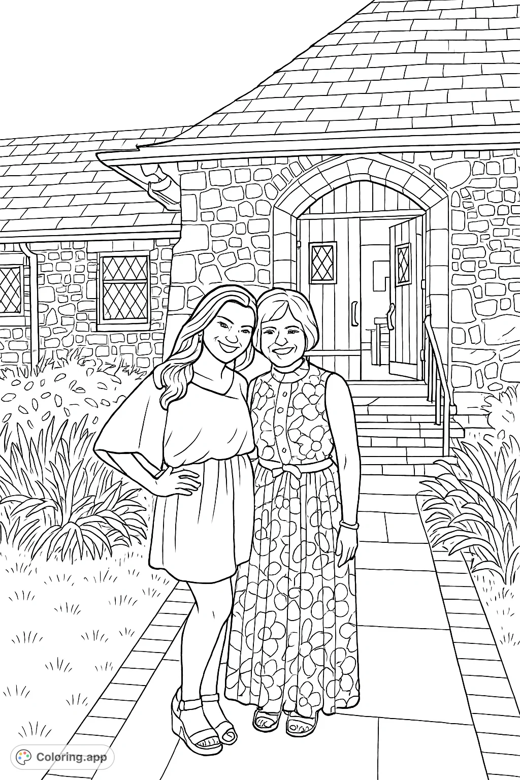 A charming family portrait coloring page featuring two smiling women in front of a detailed historic building, surrounded by lush garden elements.