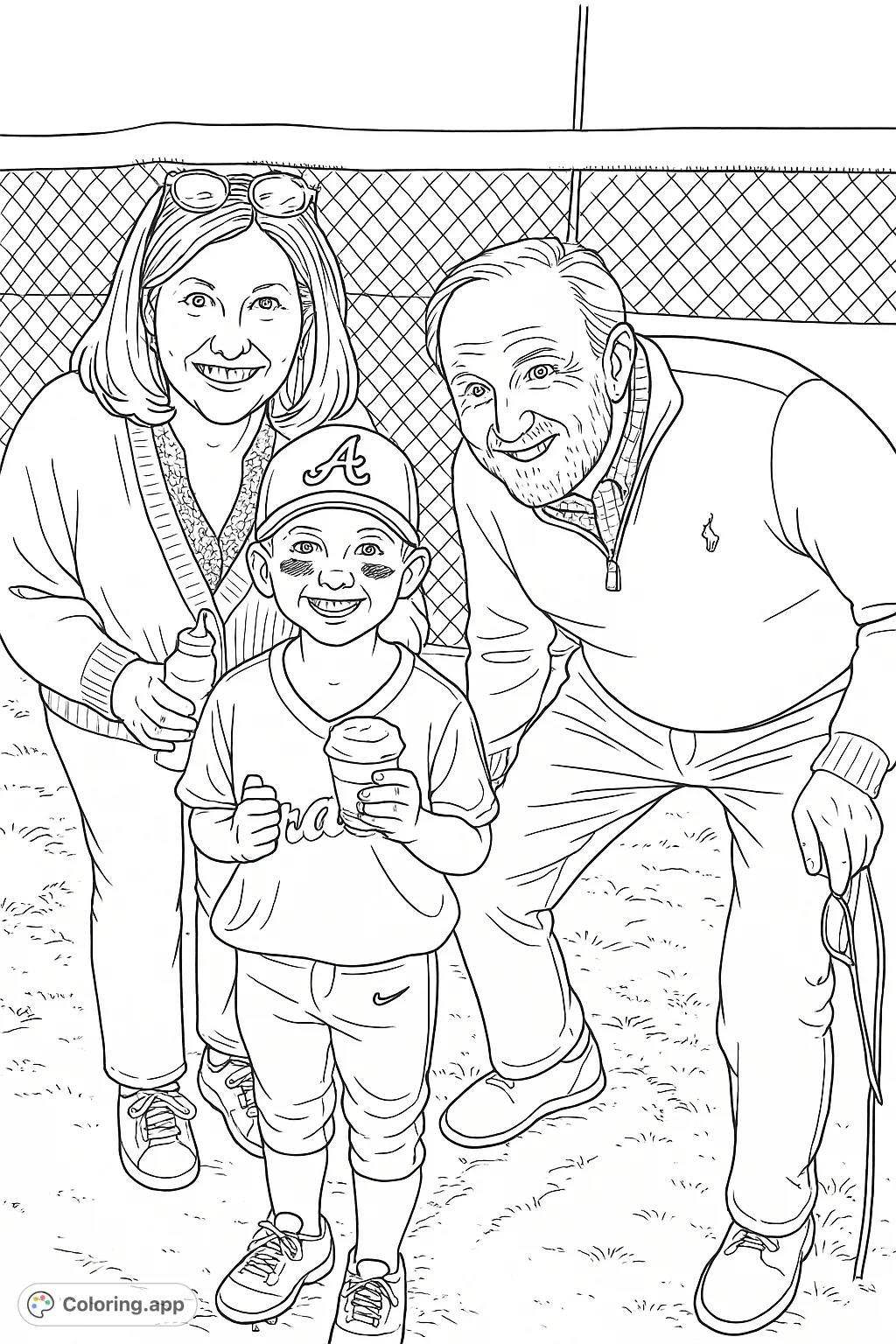 A heartwarming baseball field scene featuring a smiling young boy with his family, enjoying a game night with a treat. Perfect for sports fans.