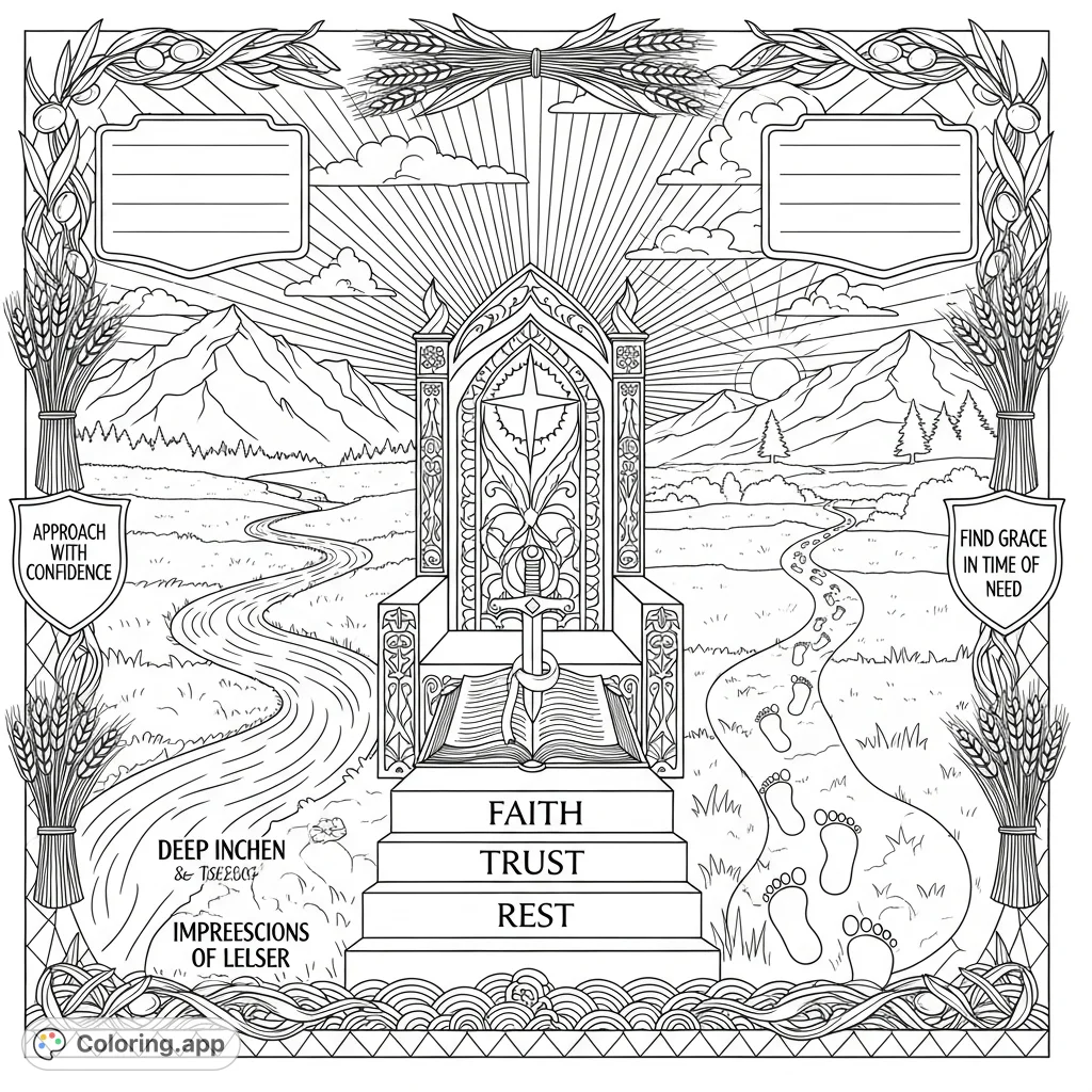 Discover the Throne of Grace coloring page, featuring a majestic throne, open Bible, peaceful landscape, and symbolic pathways for spiritual reflection.
