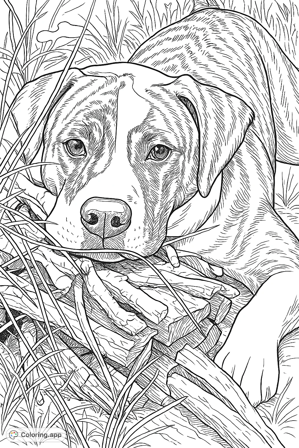 A charming brindle dog rests its head on a pile of sticks amidst grass. This detailed dog coloring page offers intricate patterns and a serene scene.