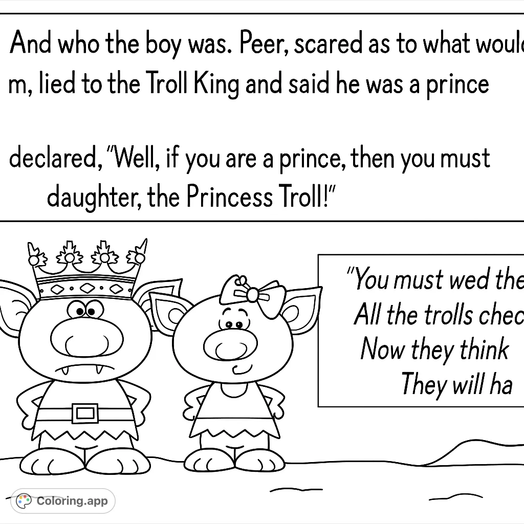 A fun troll coloring page featuring a grumpy troll king with a crown and a smaller troll princess with a bow, perfect for fantasy adventures.