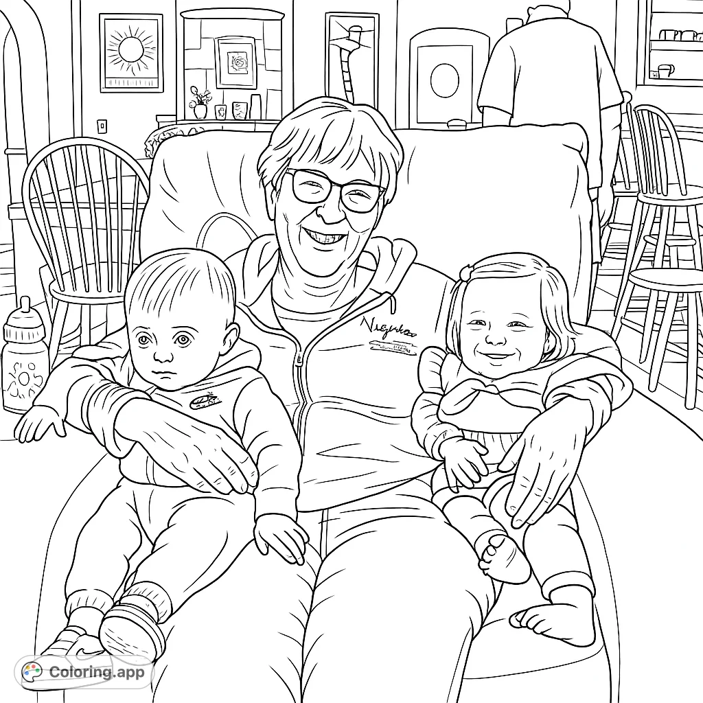 A heartwarming family portrait featuring a smiling grandmother embracing two cheerful toddlers in a cozy home setting. Perfect for celebrating family bonds.