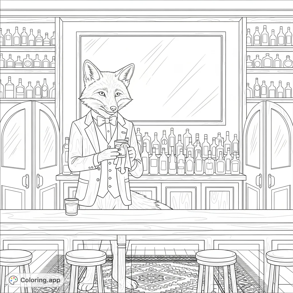 Step into a Wild West saloon where a dapper fox, impeccably dressed, meticulously polishes a glass behind a detailed wooden bar. Shelves of bottles and a patterned rug complete this charming scene.
