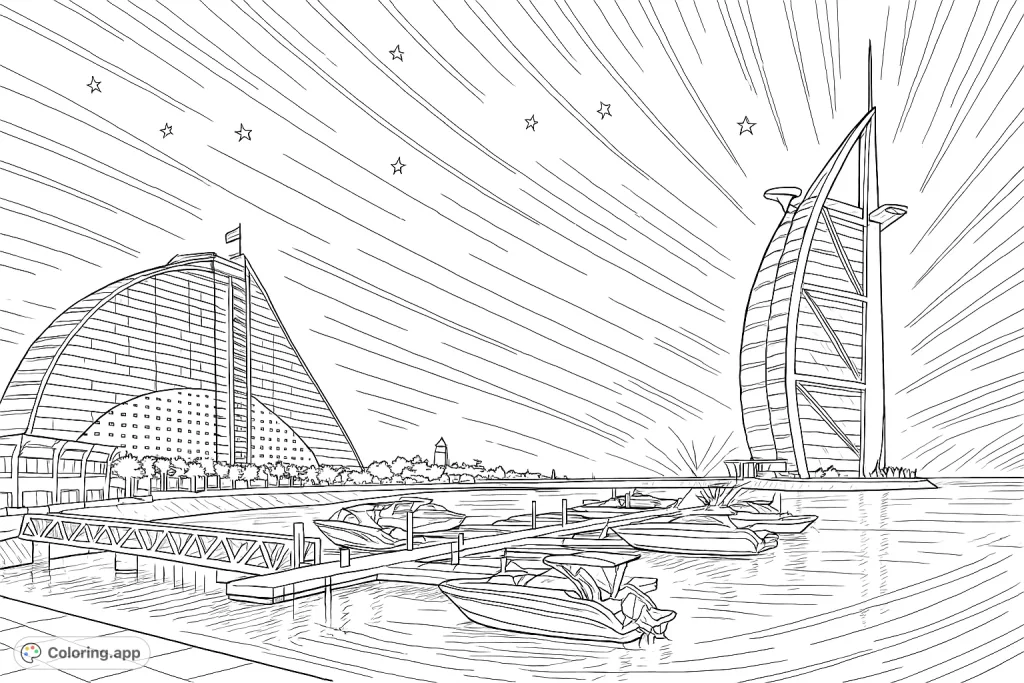 Explore a dynamic cityscape with iconic architecture and a bustling marina. This detailed coloring page is perfect for urban enthusiasts and those who love intricate scenes.