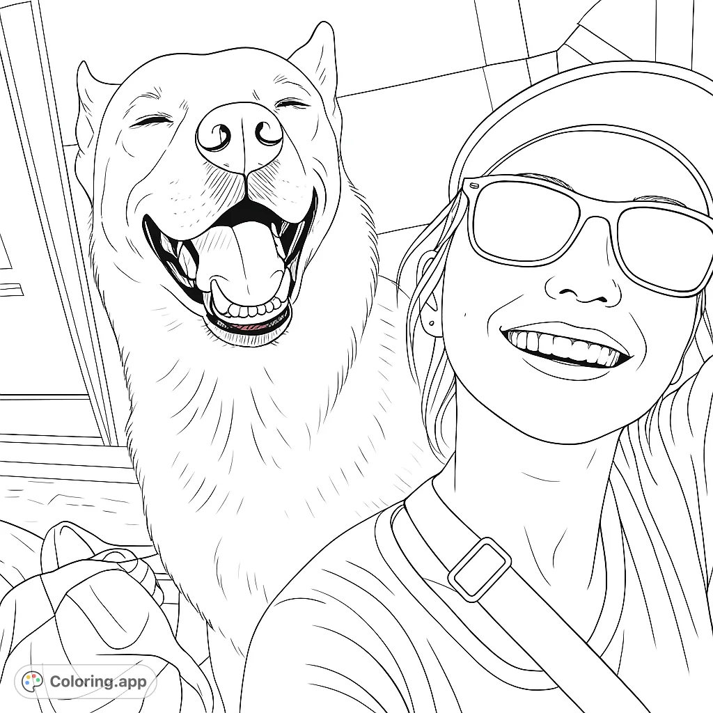 Capture a moment of pure joy with this happy dog and person selfie coloring page. Perfect for animal lovers and those who cherish cheerful companionship.