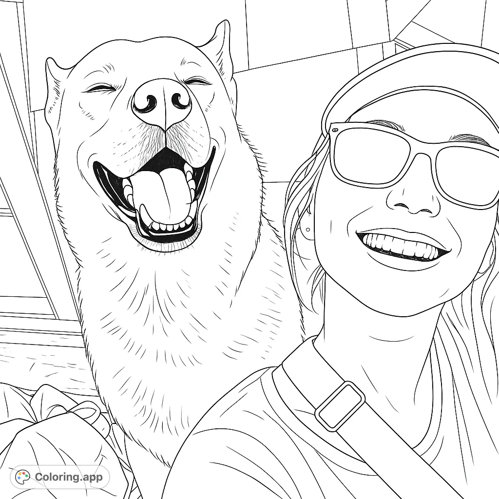 A joyful selfie featuring a smiling person and their happy, fluffy canine companion, perfect for a fun coloring experience.