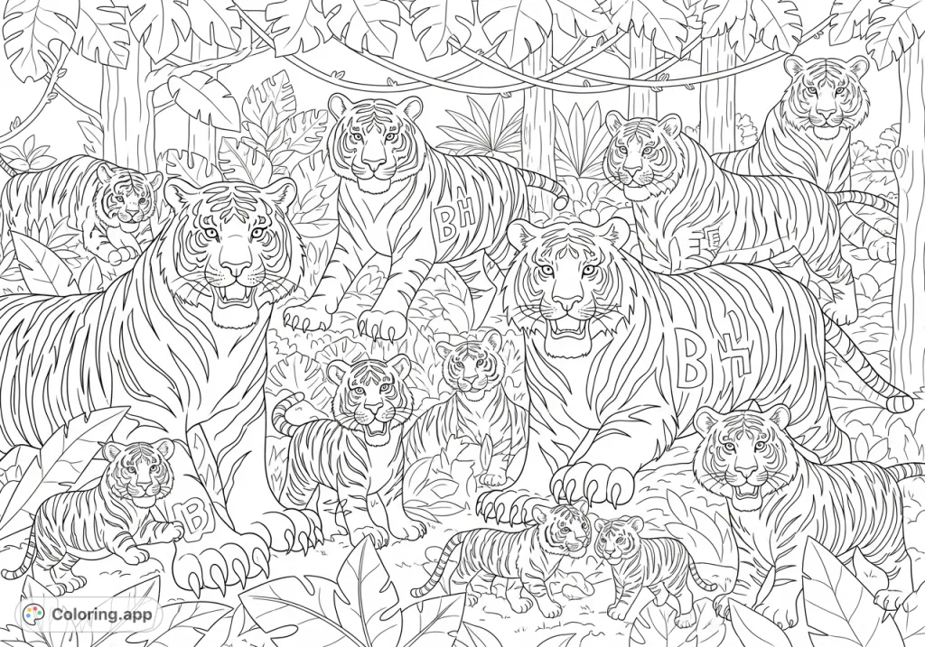 Explore a vibrant jungle scene filled with many tigers of all sizes, some happy, some fierce, with hidden letters B, H, E in their stripes. A detailed jungle coloring page.