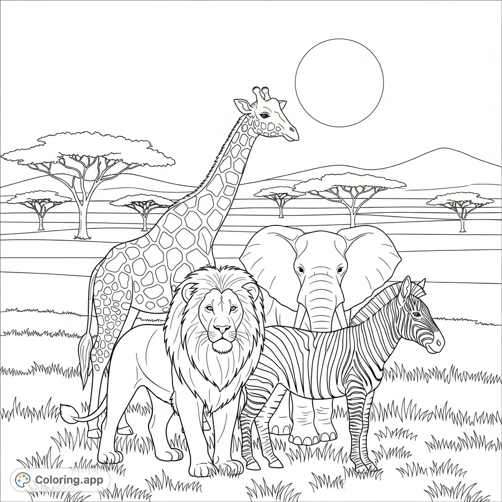 A delightful savannah animals coloring page featuring a lion, giraffe, elephant, and zebra gathered on grassy plains with acacia trees under a sun. Perfect for young explorers!