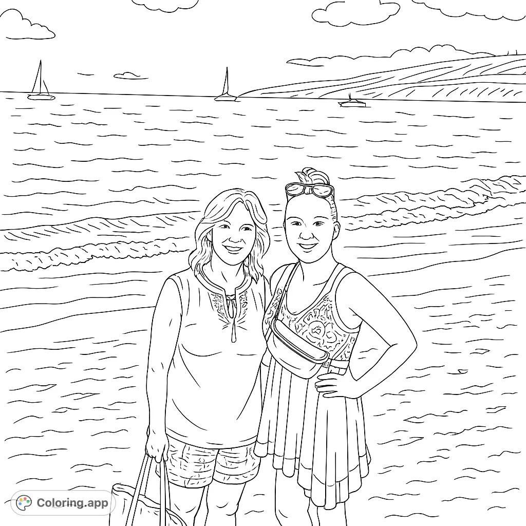 Two friends enjoy a sunny beach day with ocean waves, distant boats, and a scenic coastline. A perfect tropical escape to color.