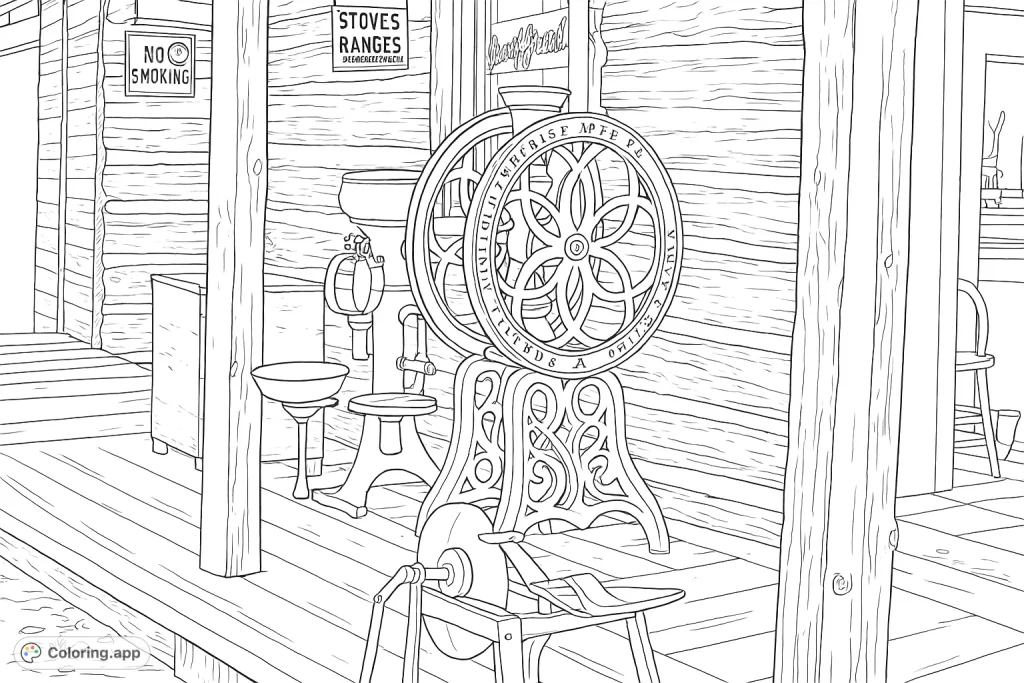 Explore a rustic scene featuring vintage farm equipment on a log cabin porch. Intricate machinery and weathered textures offer a detailed coloring experience.