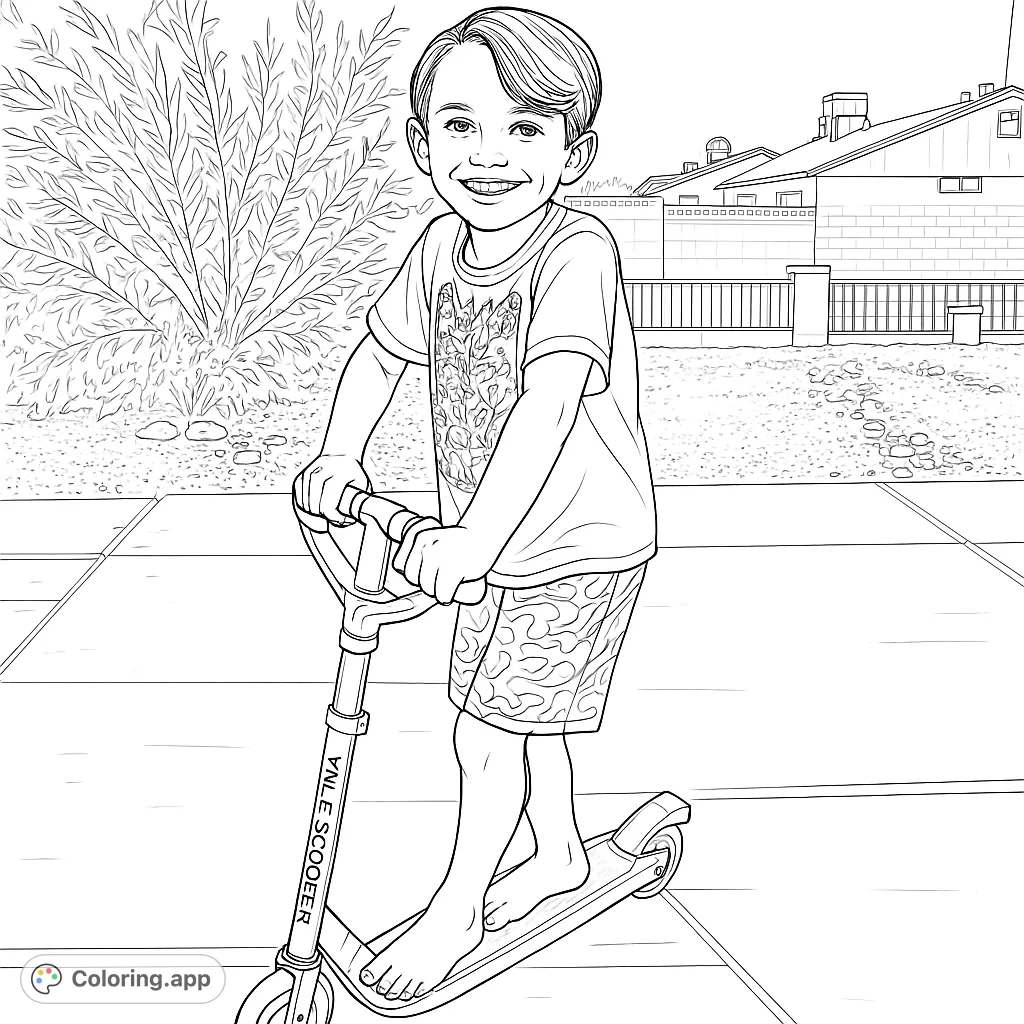 A cheerful boy on his scooter, ready for adventure. This fun coloring page features a happy child and a detailed scooter in a suburban setting.