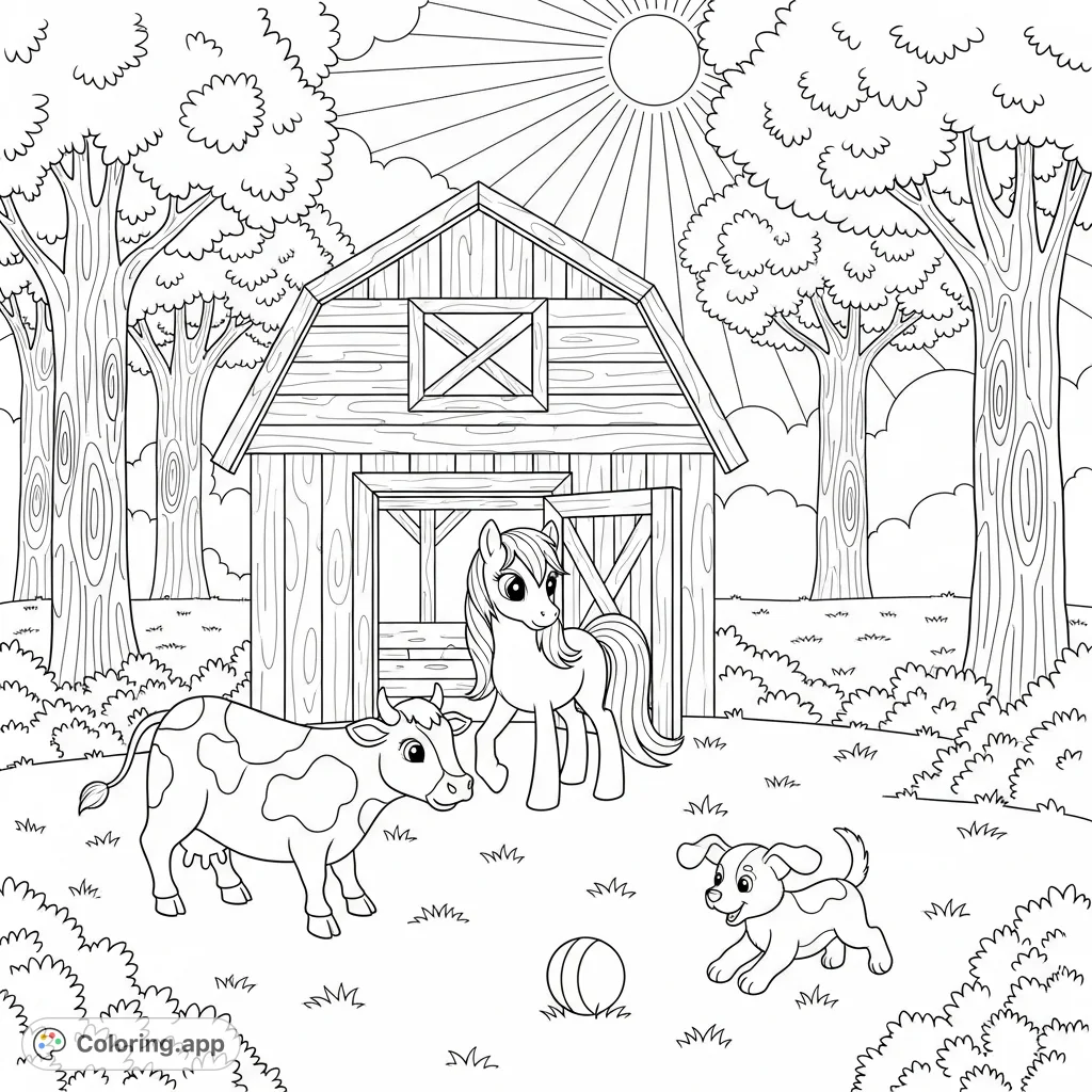 A delightful farm scene featuring a pony in a barn, a friendly cow, and a playful puppy with a ball, all under a cheerful sun. Perfect for all ages!