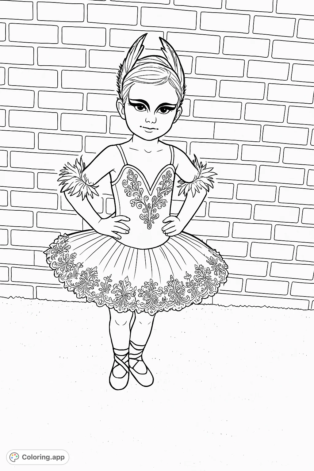 An elegant ballerina in a dramatic, intricately patterned costume, complete with a feather headpiece and mask-like makeup, ready for a captivating performance.