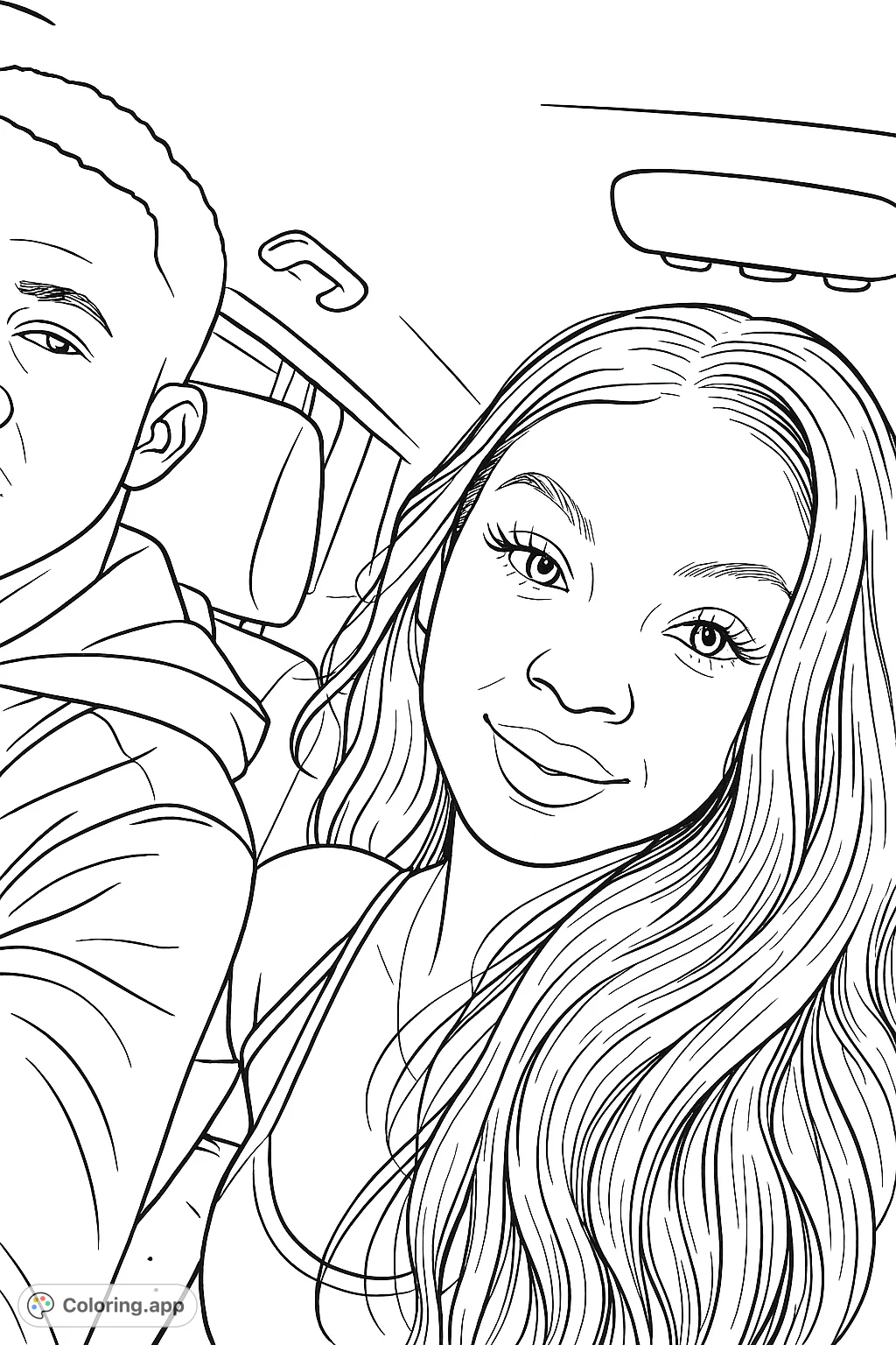 Capture a moment of connection with this car ride selfie coloring page. Features a smiling woman and a companion, perfect for personalizing.