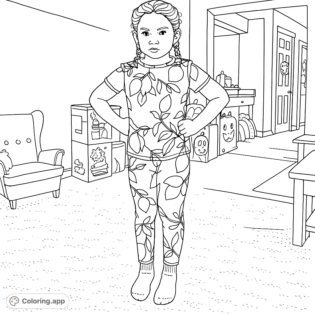 A confident girl in patterned pajamas, featuring lemons and leaves, stands in a home setting. A detailed and engaging coloring page for kids.