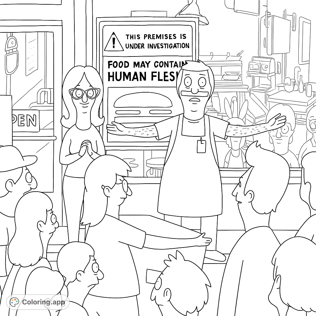 A quirky restaurant scene featuring two main characters and a crowd, with a prominent 'Under Investigation' sign. Perfect for fans of animated comedy.