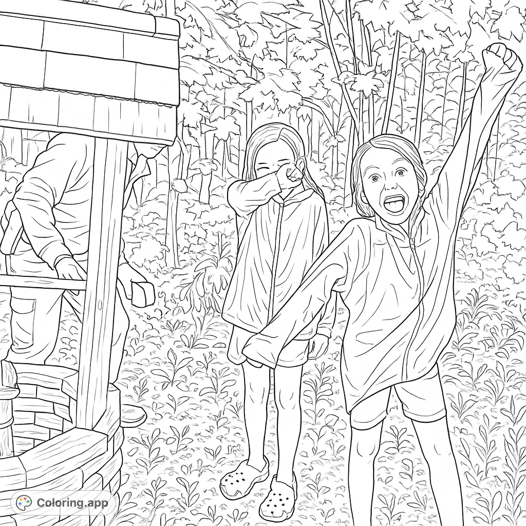 Two excited children and an adult explore a mysterious wooden well in a lush forest, ready for a fun coloring adventure.