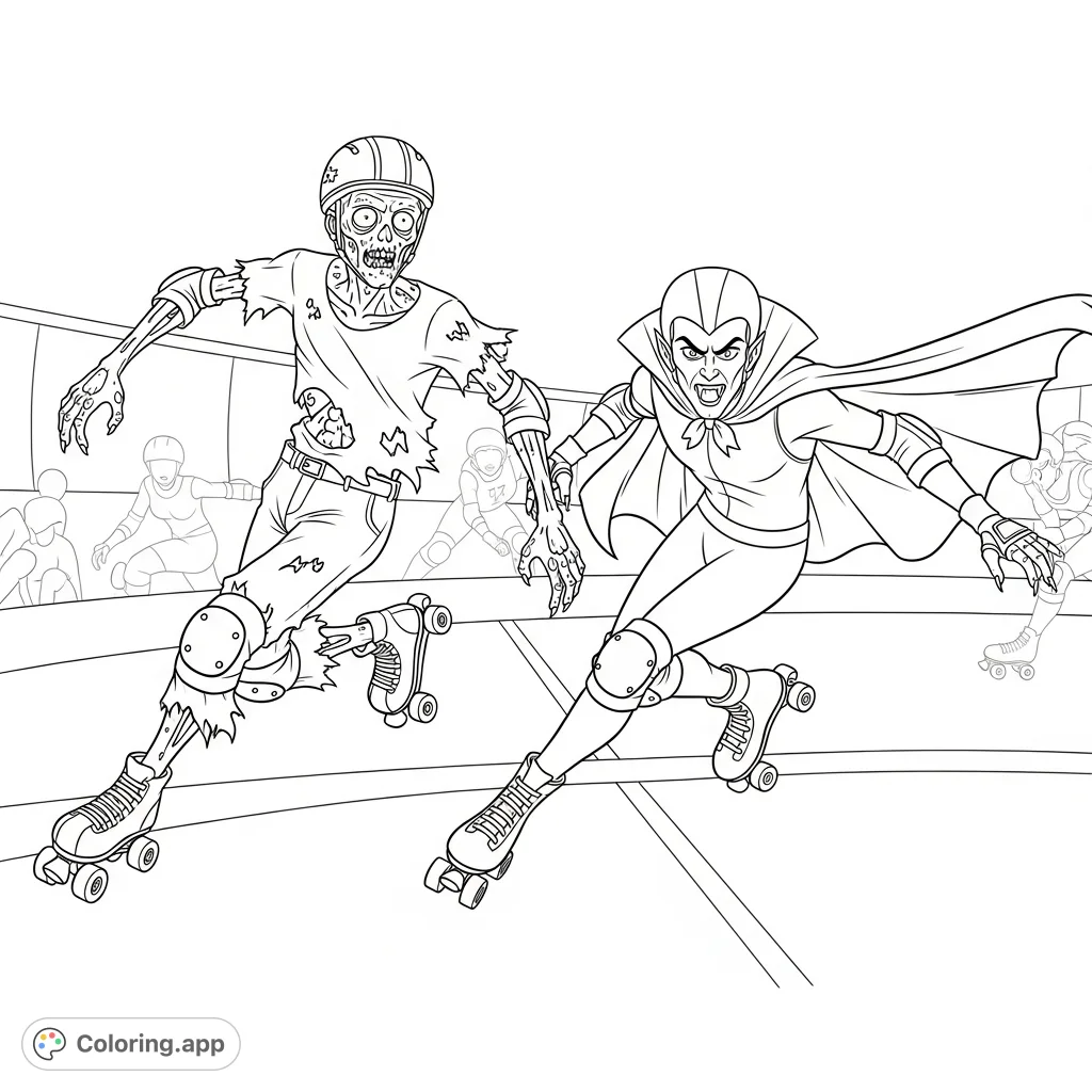 Dynamic roller derby scene featuring a zombie and a vampire in action, complete with skates and protective gear. A thrilling, spooky sports challenge!