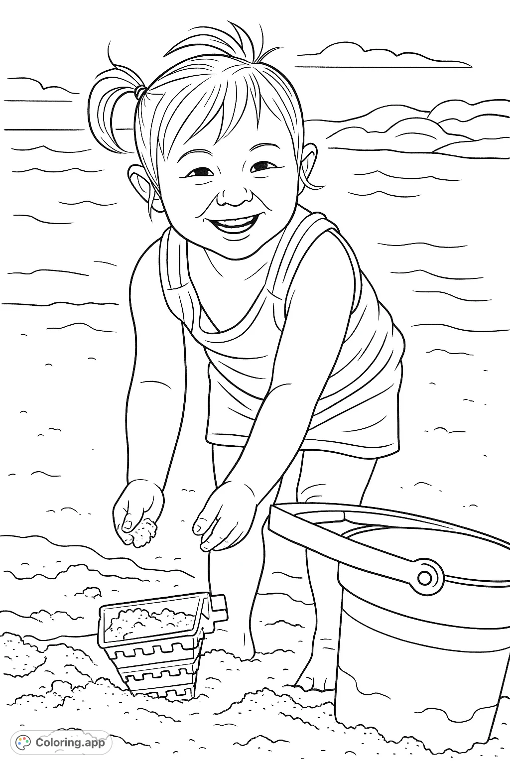 A joyful child plays in the sand with buckets and molds, captured in a delightful moment of beach fun. Perfect for a happy coloring experience!