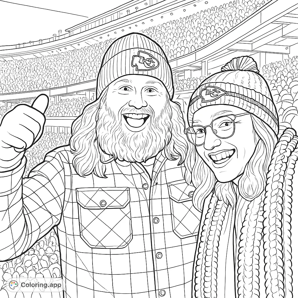 Capture the thrill of game day with this stadium fan coloring page. Two excited fans, detailed with beanies, scarves, and plaid, cheer amidst a packed stadium.