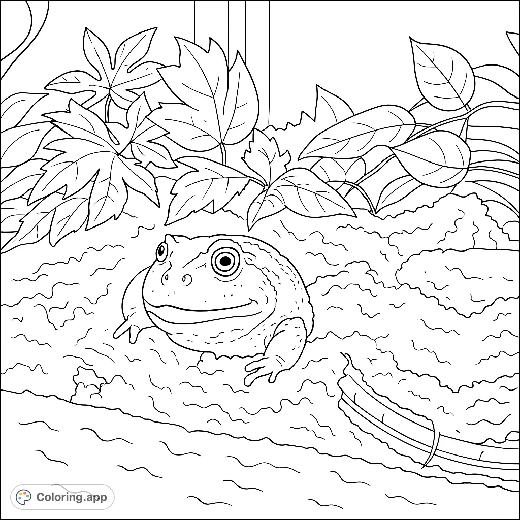 A charming, round-bodied frog rests in its terrarium habitat, surrounded by leafy plants and textured soil. A delightful amphibian scene for coloring.