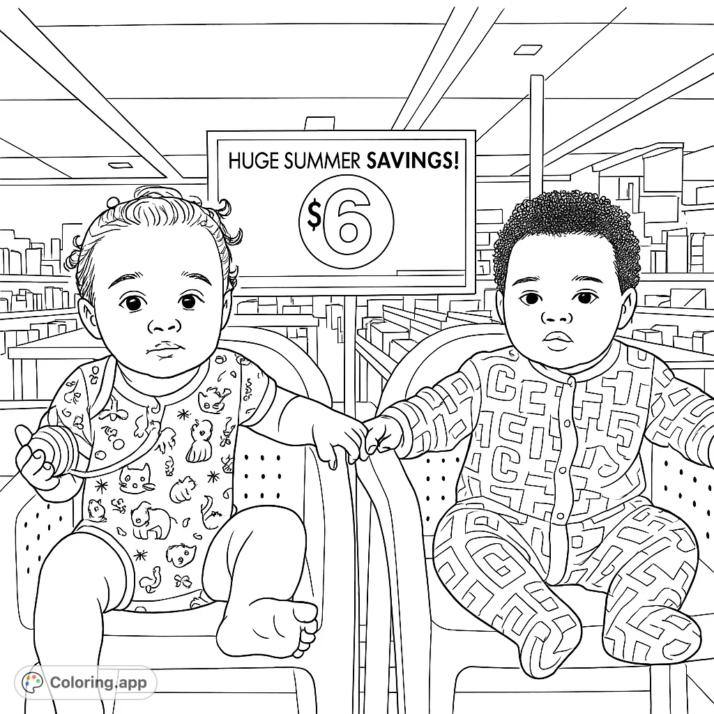 Two charming babies sit in a store aisle, surrounded by products and a savings sign. A delightful scene for coloring, perfect for capturing innocence and everyday moments.