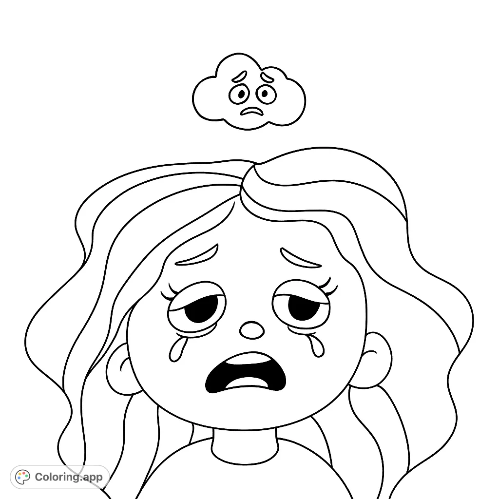 A poignant coloring page depicting a person with a distressed expression and a worried cloud overhead, perfect for exploring emotions and self-expression.