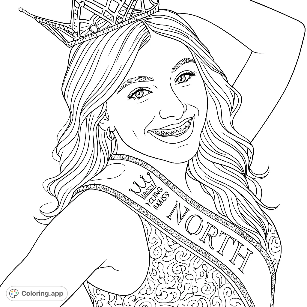 A radiant young woman wearing a sparkling crown and an ornate sash, captured in a joyful portrait. Perfect for aspiring queens.