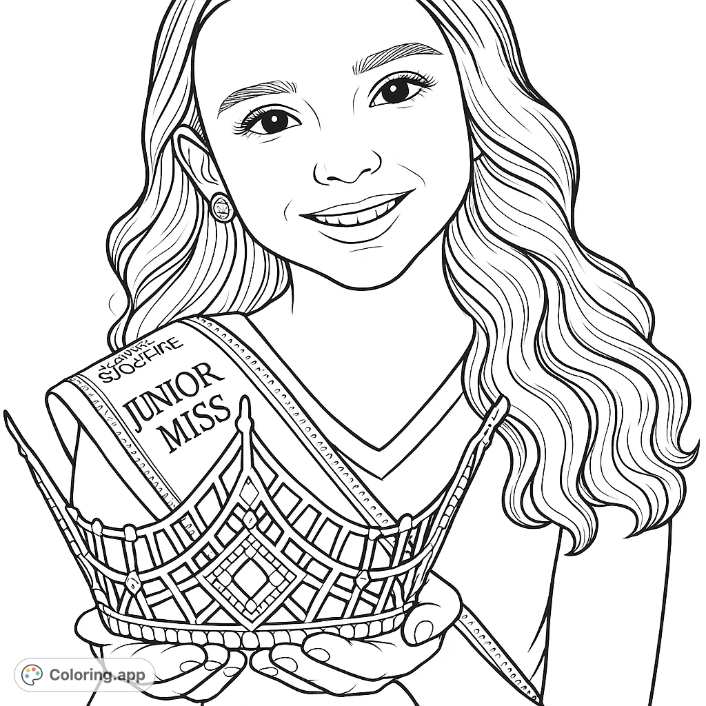 A radiant Junior Miss proudly holds her intricate crown, adorned with a sash. A detailed coloring page celebrating achievement and elegance.