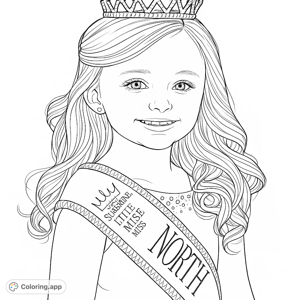 A charming Little Miss coloring page featuring a young girl in a crown and sash, perfect for aspiring queens and creative fun.
