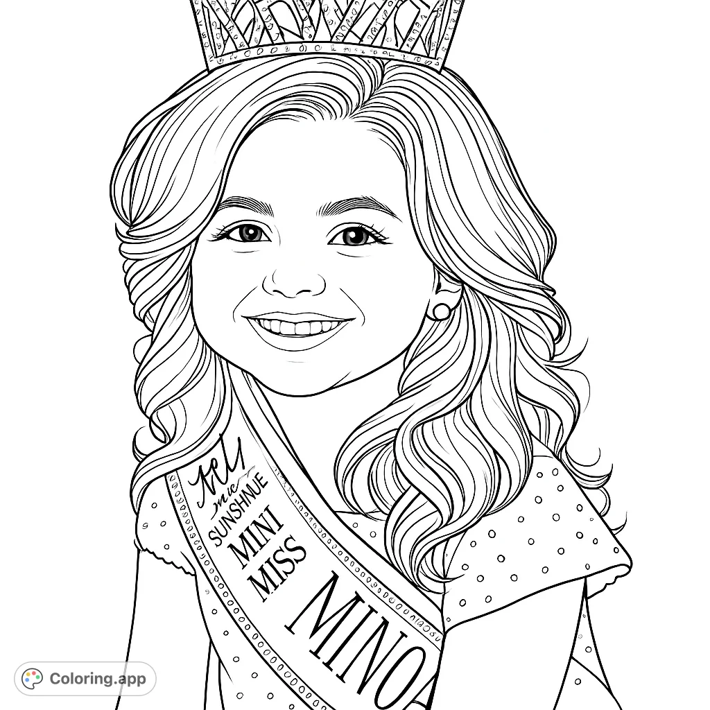 A delightful Mini Miss coloring page featuring a smiling girl with a sparkling crown and sash. Perfect for celebrating achievements and creative fun!