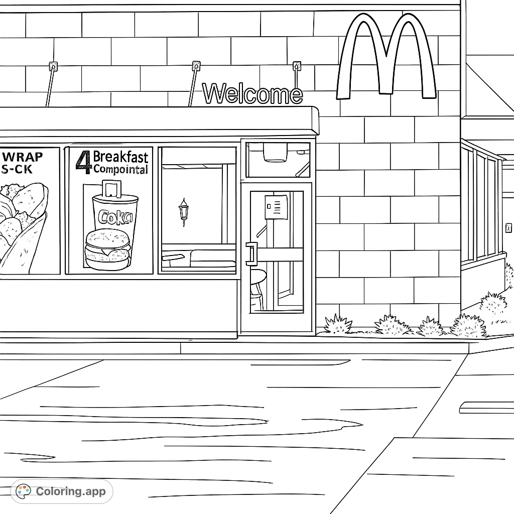 A detailed exterior view of a popular fast-food restaurant, featuring its iconic arched logo, large windows with food displays, and surrounding pavement.