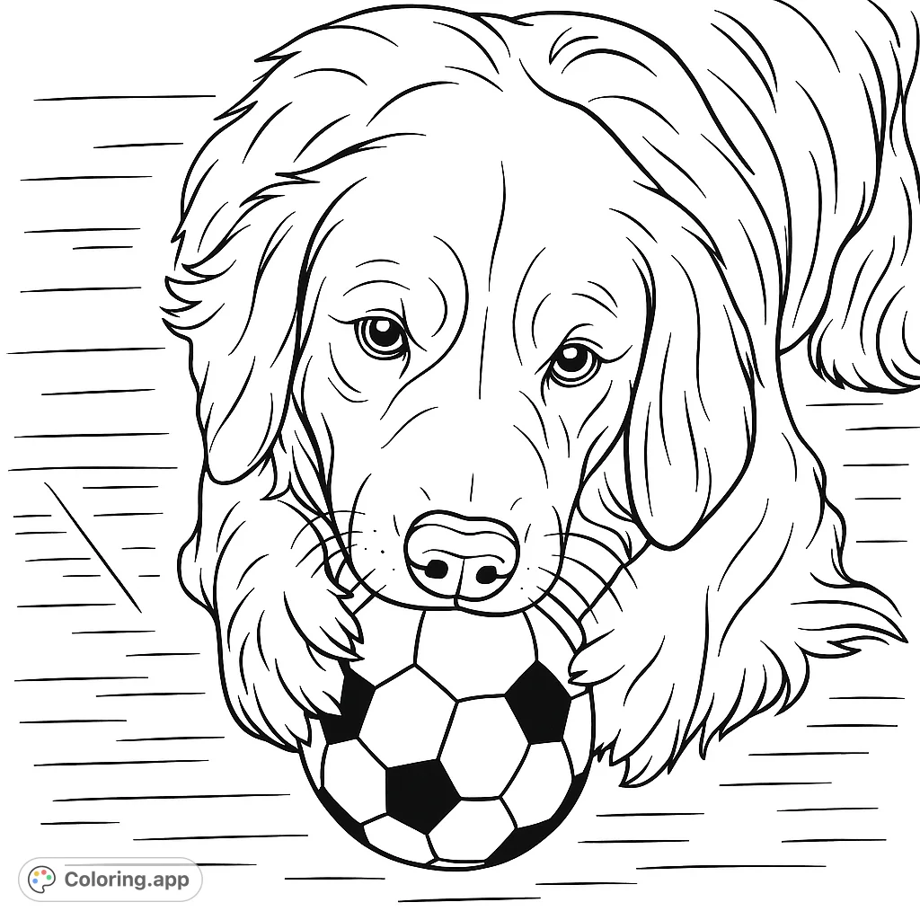 A friendly retriever dog lies down, playfully holding a soccer ball. Perfect for dog lovers and sports enthusiasts to color.