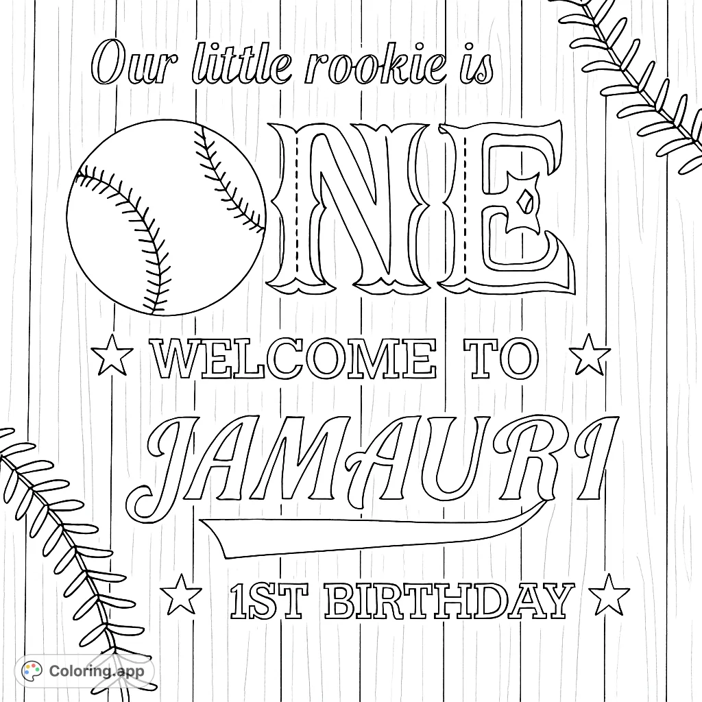 Celebrate a special first birthday with this baseball-themed coloring page! Features a baseball, 'ONE' text, and personalized details for a fun activity.