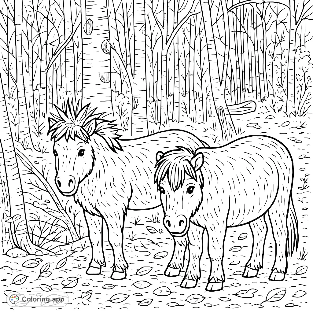 Discover a charming woodland pony coloring page featuring two adorable equines amidst a detailed forest. Perfect for nature and animal lovers.