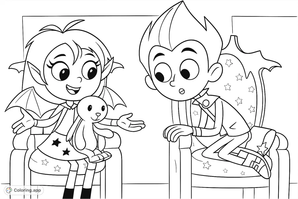 Join two friendly cartoon vampire kids as they share a special moment. Perfect for young fans of whimsical characters and playful scenes.