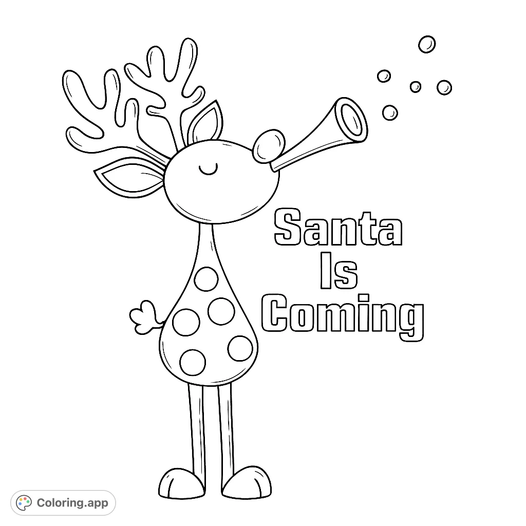 A charming, whimsical reindeer blowing a horn, with playful spots and antlers, perfect for festive holiday coloring fun.