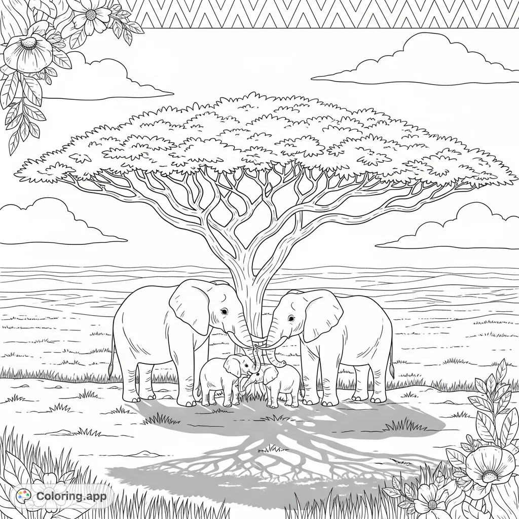 A serene Serengeti elephants coloring page featuring a family of elephants under a grand Acacia tree, perfect for nature lovers and animal enthusiasts.