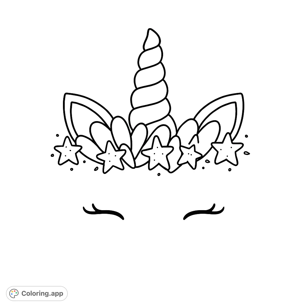 A charming unicorn head featuring a spiral horn, delicate ears, closed eyes, and a whimsical garland of hearts and stars, perfect for a magical coloring experience.