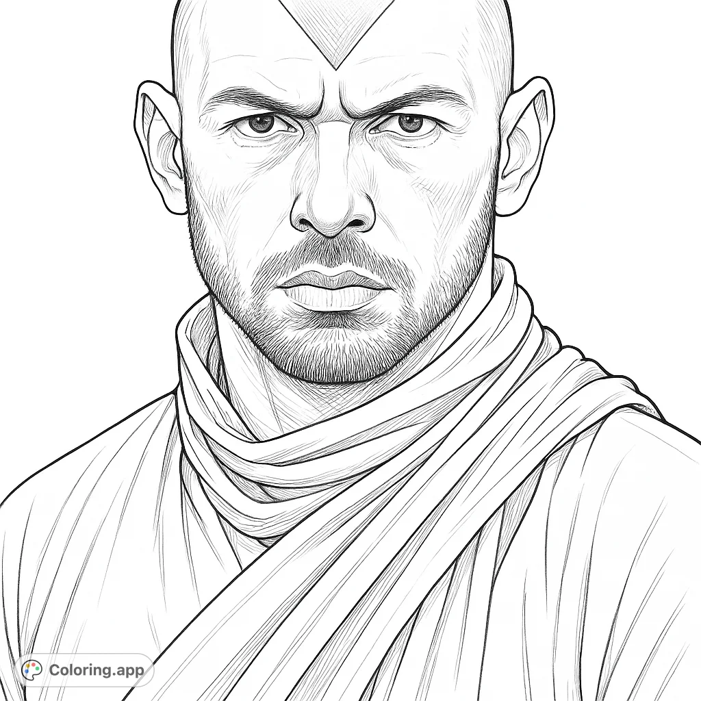 A detailed portrait of an airbender master, featuring a distinctive forehead marking, flowing robes, and a serene yet determined expression. Perfect for fans.