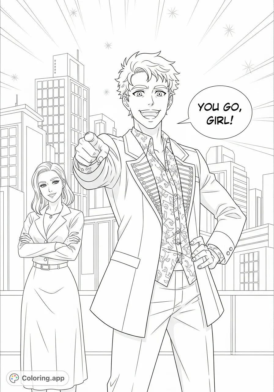 An anime-inspired coloring page featuring Martin Payne and Gina Waters-Payne in dynamic poses with a cityscape background and an empowering affirmation.