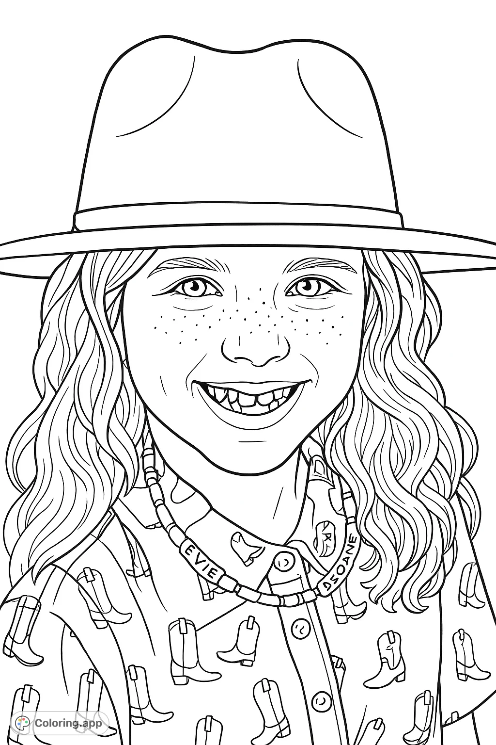 A cheerful girl wearing a stylish cowboy hat, a patterned shirt, and a personalized beaded necklace, set against a soft outdoor background.