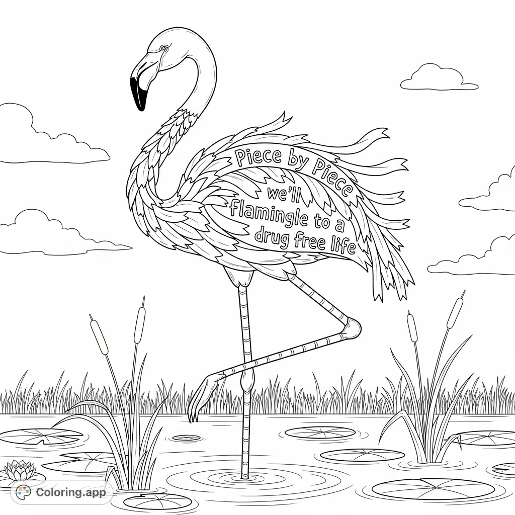 An elegant flamingo, intricately formed from ribbons, stands in a marsh, bearing the message "Piece by Piece we'll flamingle ...