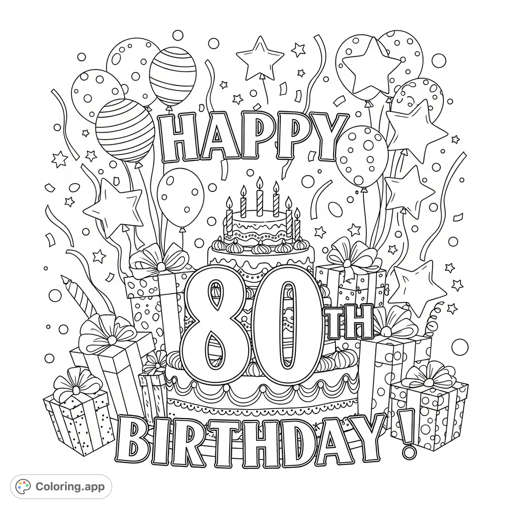 A festive 'Happy 80th Birthday' coloring page featuring a grand cake, balloons, and gifts, perfect for celebrating a milestone birthday.