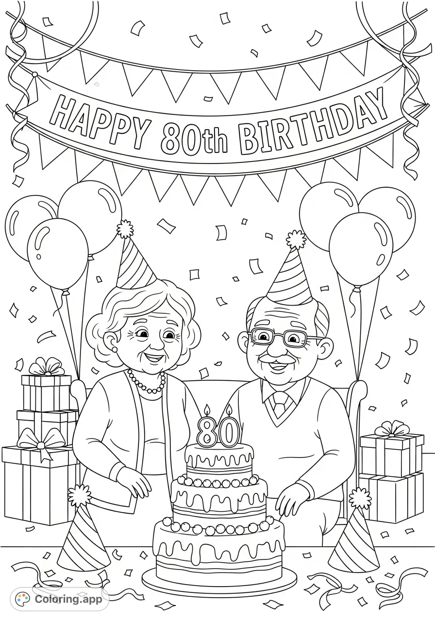 Celebrate Mimi and Pop's 80th birthday with this heartwarming coloring page. Features a festive scene with cake, balloons, and gifts, perfect for family fun.