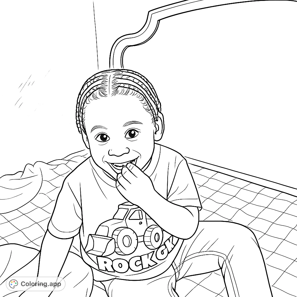 A delightful coloring page featuring a smiling child with braided hair, sitting on a bed with a patterned sheet and decorative headboard. Perfect for young artists!