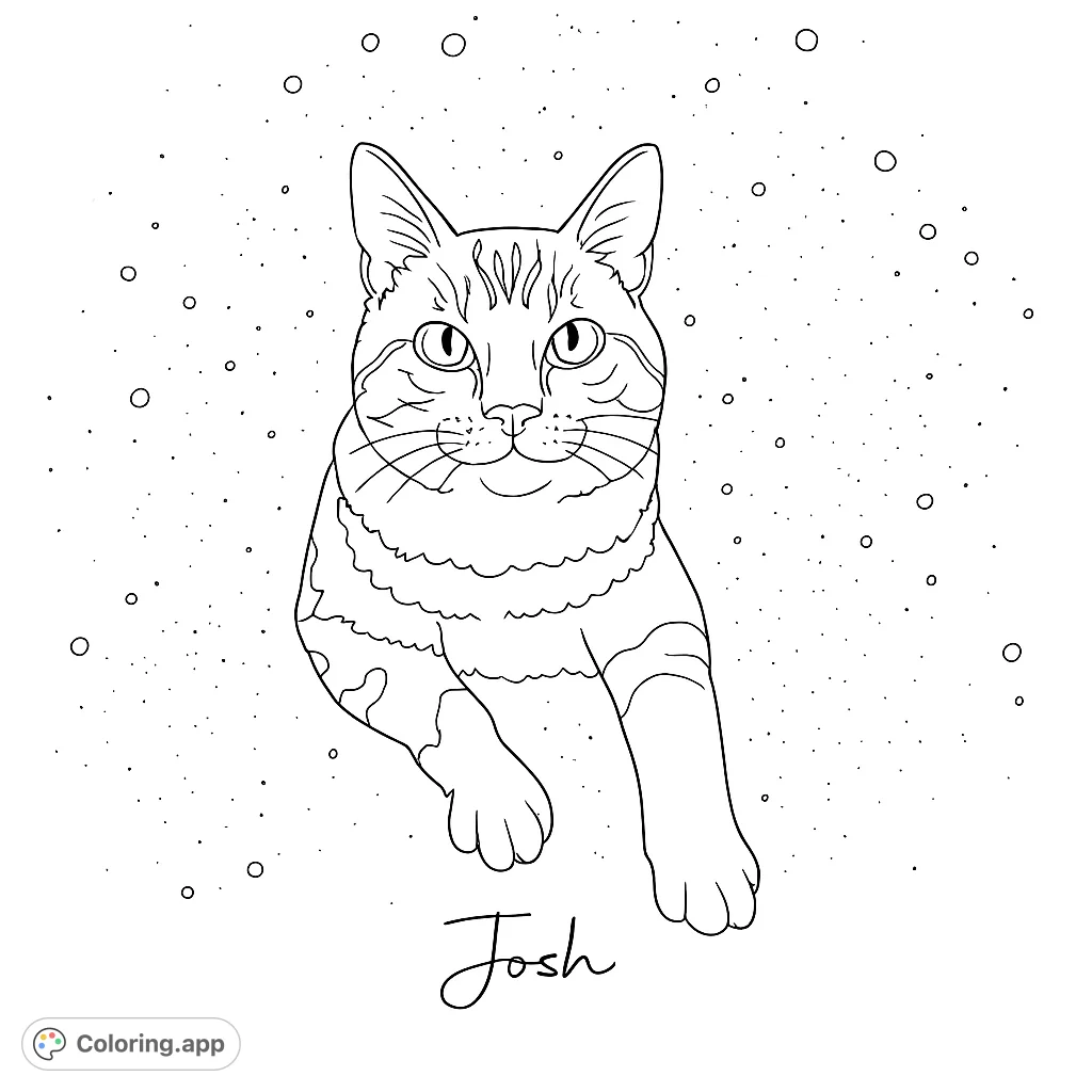 A charming tabby cat portrait with expressive eyes and playful splatters, perfect for cat lovers to color and personalize.