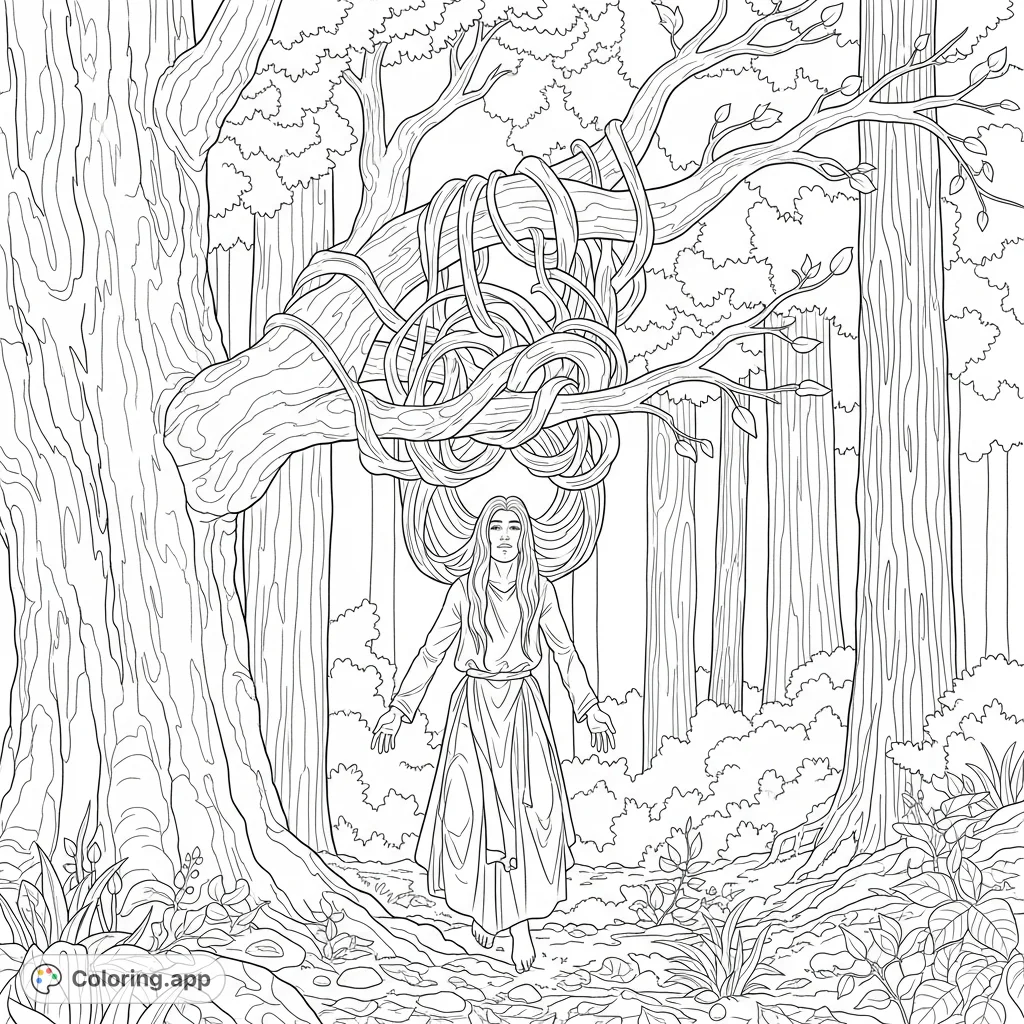 Explore a dramatic biblical scene: Absalom's hair caught in a forest tree. A compelling narrative coloring page for all ages.